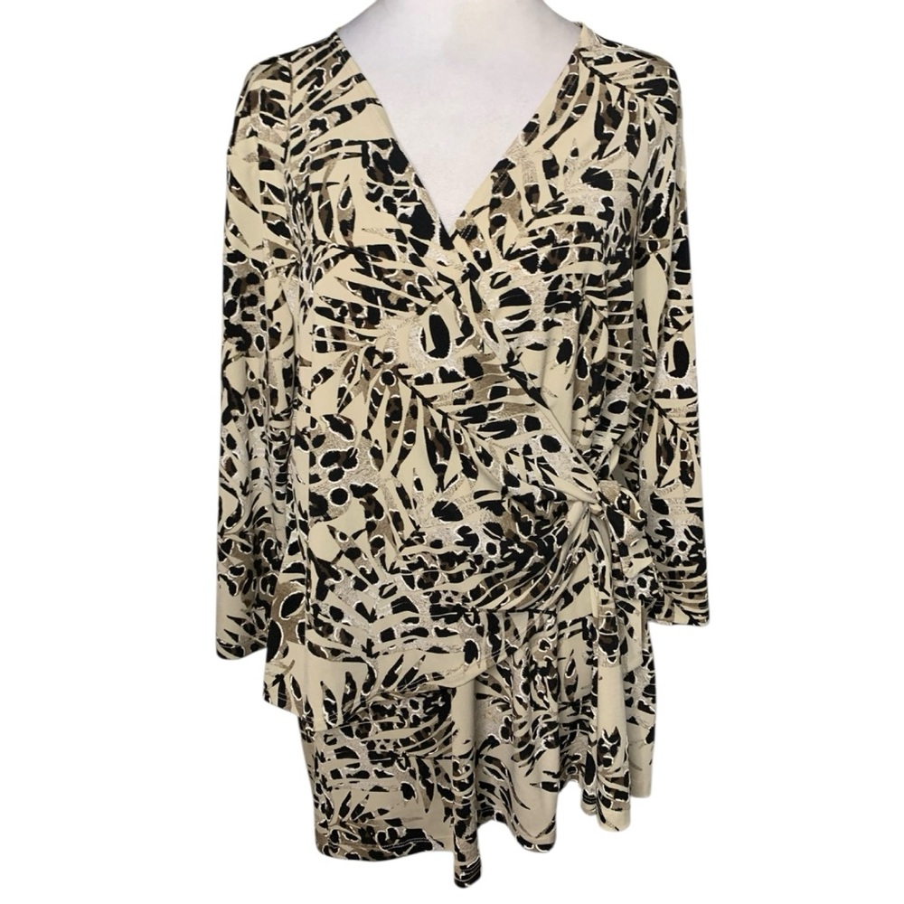 Clara Sun Woo Womens XL Black & Cream Leaf Floral Print Wrap Tie Mature Top